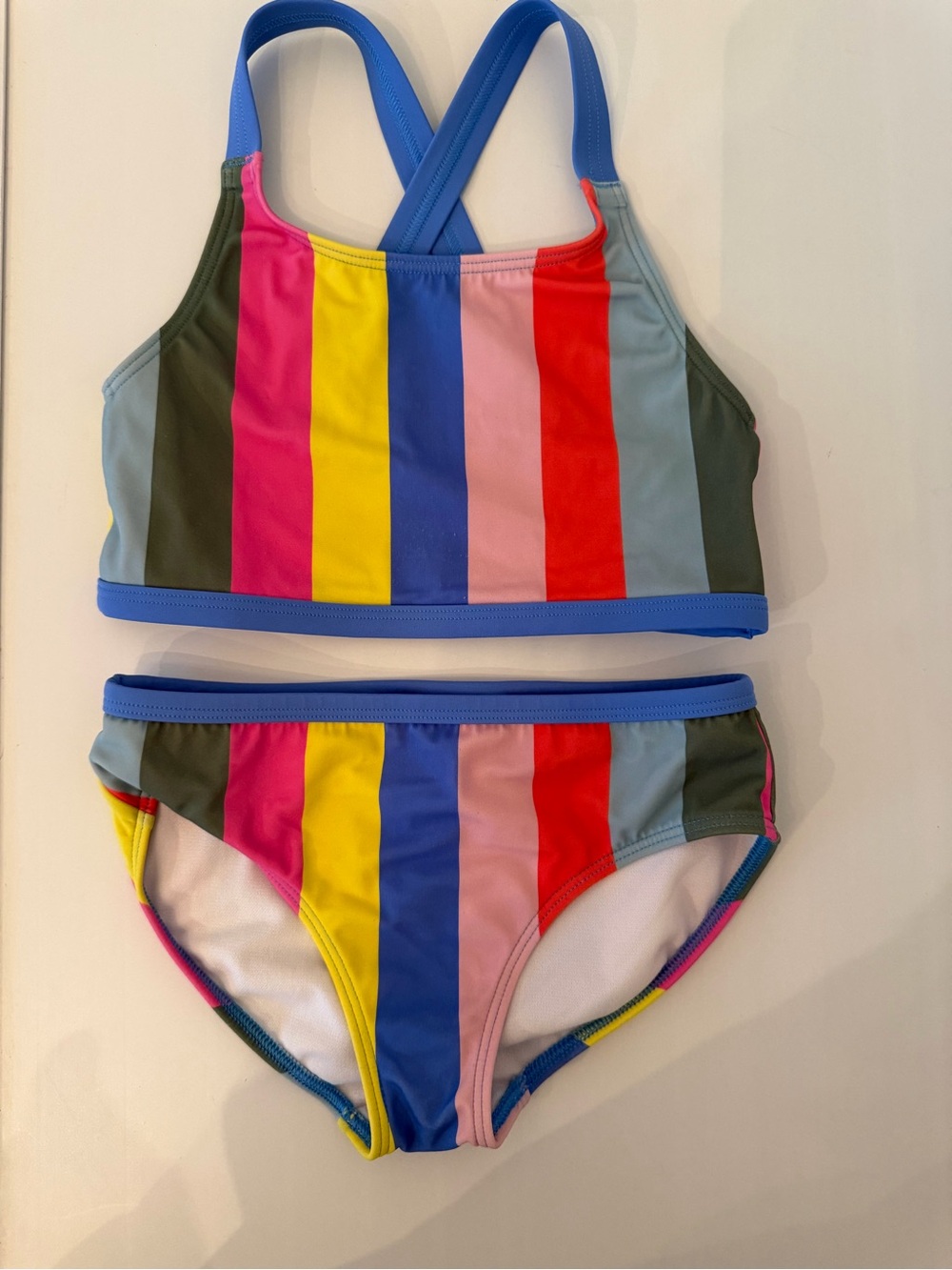 Mini Boden Girls' Multi-Stripe Bikini with Blue Trim